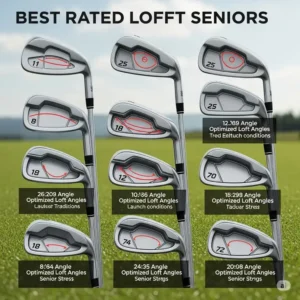 A graphic showcasing a set of best rated golf irons for seniors, with various clubheads and an emphasis on optimized loft angles for distance and trajectory.