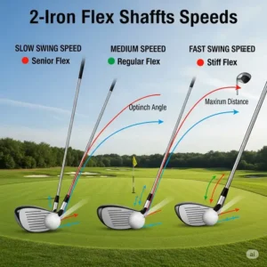Illustration demonstrating the importance of shaft flex in a 2 iron golf club for different swing speeds.