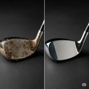 A side-by-side comparison of a dirty golf club and a sparkling clean golf club, showcasing the effectiveness of golf club cleaners.