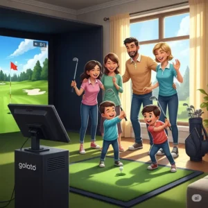 An illustration of a family (parents and children) enjoying a fun game on an in-home golf simulator, emphasizing its entertainment value for the best in home golf simulator.