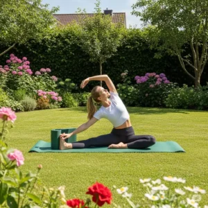 Outdoor practice session using a durable golf chipping mat, perfect for backyard or garden use.