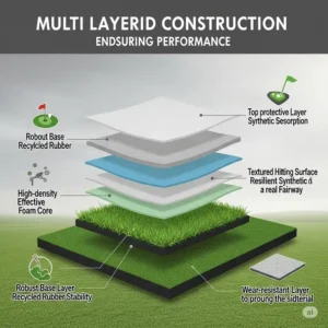 "An infographic showing the layers and construction of a durable golf hitting mat designed for long-lasting performance."