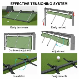 Illustration of an effective tensioning system designed to prevent golf simulator baffles from sagging.