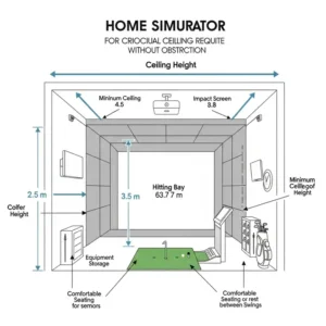 "Simplified blueprint of a dedicated golf simulator room, indicating crucial ceiling height for a golf simulator measurements for home installations."