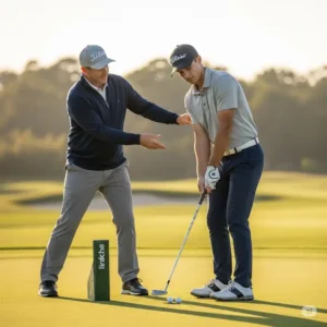 Golfer practicing chipping with a golf wrist trainer, ensuring consistent wrist alignment for better contact.