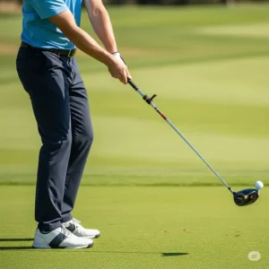 "A golfer mid-swing, using a golf club with a properly fitted golf club shaft extension, optimizing their swing mechanics."