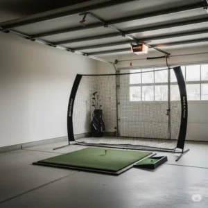 A golf net and mat perfectly situated in a garage, illustrating how to create an effective indoor golf practice area.