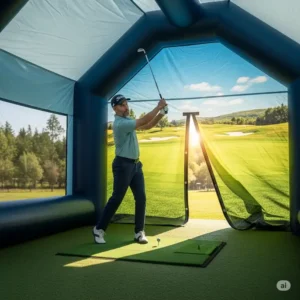 A golfer in mid-swing within an inflatable golf simulator, illustrating the ample space and safe environment provided for a natural swing.
