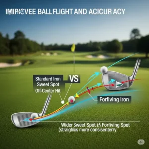 A diagram illustrating improved ball flight and accuracy achieved with forgiving golf irons, demonstrating how they benefit senior players with off-center hits using best rated golf irons for seniors.