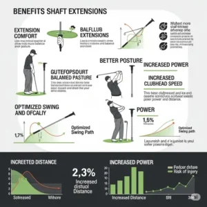 "Infographic illustrating the benefits of golf club shaft extensions, including improved comfort, better posture, and increased power."