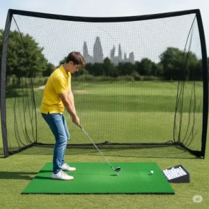 Visual representation of key benefits of using a golf net and mat, such as skill improvement, convenience, and consistent practice.