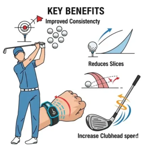 Iconographic representation of the key benefits of using a golf wrist trainer, such as improved consistency, reduced slices, and increased clubhead speed.