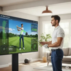 An illustration depicting a golfer reviewing swing analysis data on a golf simulator screen, showcasing the training benefits of using the best in home golf simulator for improvement.
