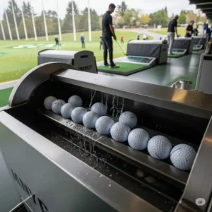 Several golf balls being efficiently cleaned in a larger, stationary golf ball cleaner, ideal for driving ranges or pro shops.