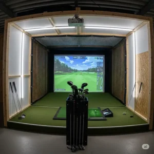 Interior view of a completed DIY golf simulator enclosure, ready for play.
