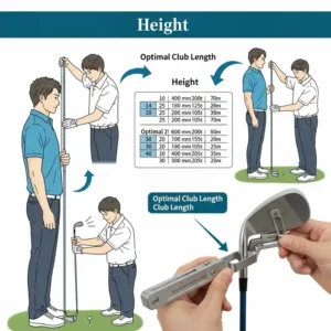 "Graphic showing a golfer being custom-fitted for golf clubs, emphasizing how height is a key factor in determining optimal golf club length by height."