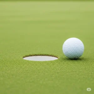 "A golf ball positioned near the hole on a putting green, representing the short game control offered by the best rated golf balls for seniors."