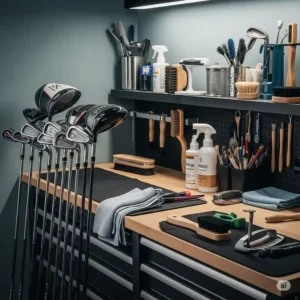 An organized golf club cleaning station with various tools and supplies, emphasizing a dedicated approach to golf club maintenance.