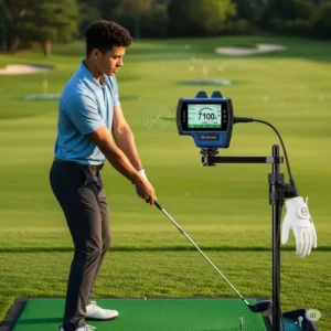 Golf instructor and student utilizing a golf swing speed radar during a coaching session to analyze swing mechanics.