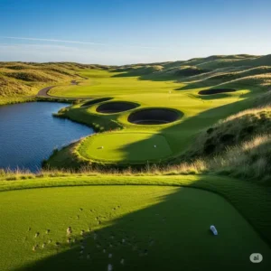 Panoramic view of a challenging golf course hole, ideal for using a 2 iron golf club off the tee.