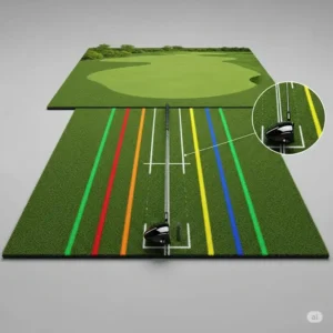"A golf hitting mat with integrated alignment lines, helping golfers improve their stance and swing path."