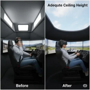 "Before and after visualization demonstrating how adequate ceiling height for a golf simulator significantly improves the overall experience."