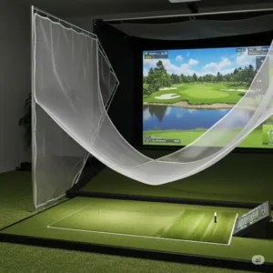 A wide shot of a golf simulator setup, showing subtle yet discernible sagging in the protective baffles.