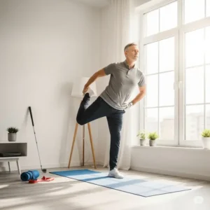 An illustration of a person performing golf-specific stretches in their living room to enhance flexibility for practice golf at home.