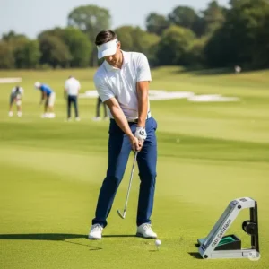 Golfer practicing on a driving range, effectively using a path golf swing trainer to refine their swing mechanics.