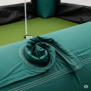 Close-up on the high-quality, rip-resistant material used in the construction of an inflatable golf simulator, emphasizing its durability and longevity.