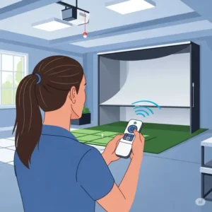 Illustration of a user operating a retractable golf impact screen with a remote control, highlighting the convenience and ease of use for home practice.