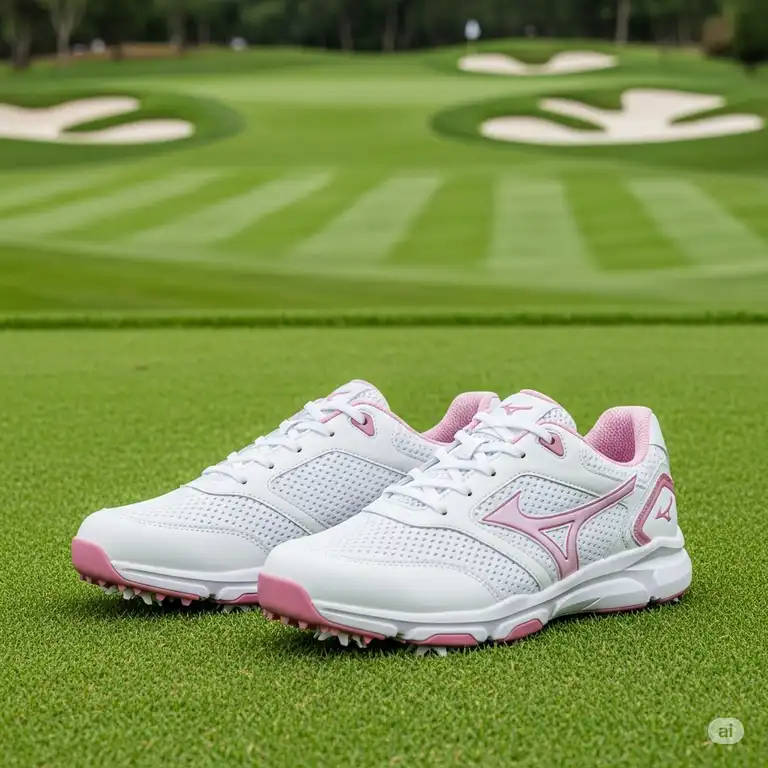 Stylish white and pink best female golf shoes on a pristine golf course, emphasizing comfort and performance.