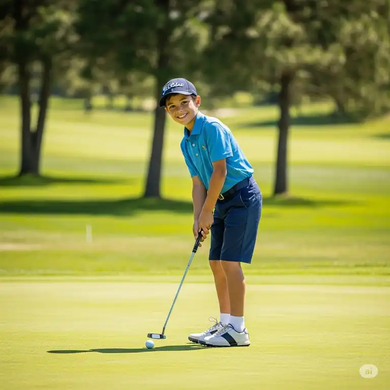 A young boy in a blue polo shirt and stylish boys golf shorts lining up a putt on a sunny golf course, showcasing comfort and flexibility.