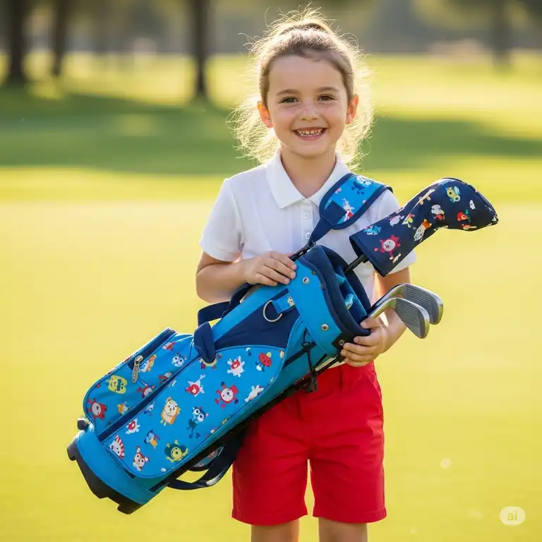 A happy child smiles while carrying a lightweight childrens golf bag, perfect for young golfers learning the game.