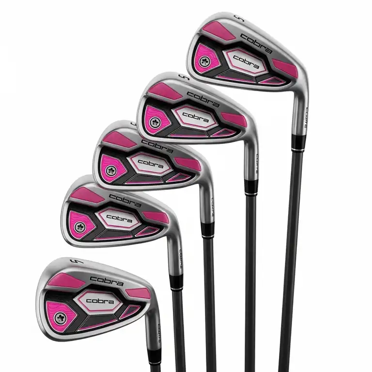 Cobra ladies golf irons set, showcasing a full collection of clubs designed for women golfers, emphasizing performance and style.