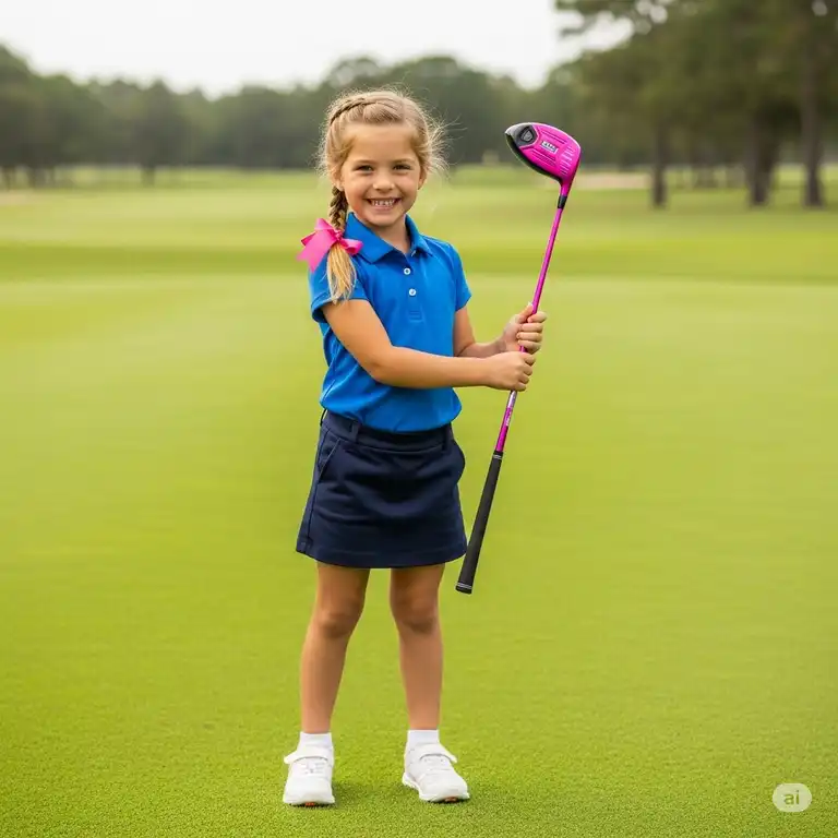 "A young girl with a bright smile holding a pink junior golf club, standing on a lush green golf course, showcasing quality girls golf clubs."