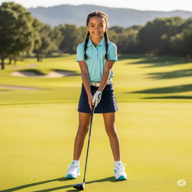 A young girl proudly stands on a golf course, showcasing her new, stylish girls golf shoes, ready for her next swing.