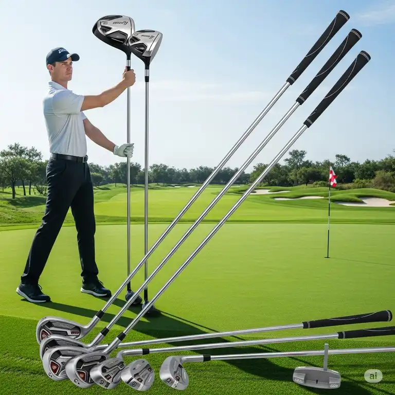 Complete golf club set for tall man, showcasing extended shaft lengths and larger grips for comfortable play.