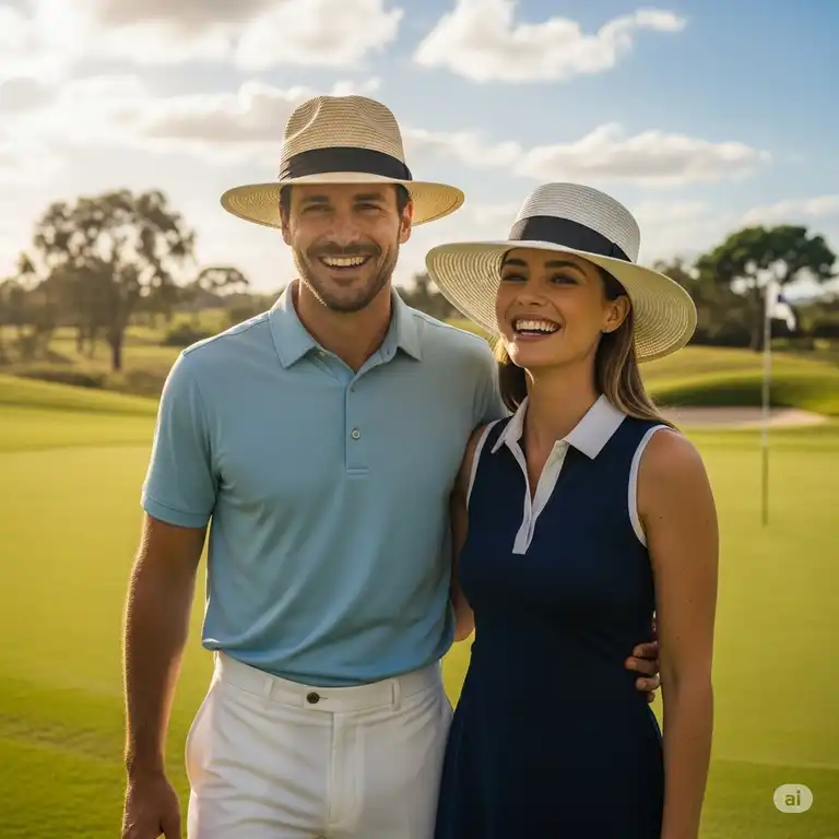 A stylish man and woman wearing wide-brimmed golf sun hats, smiling on a sunny golf course.