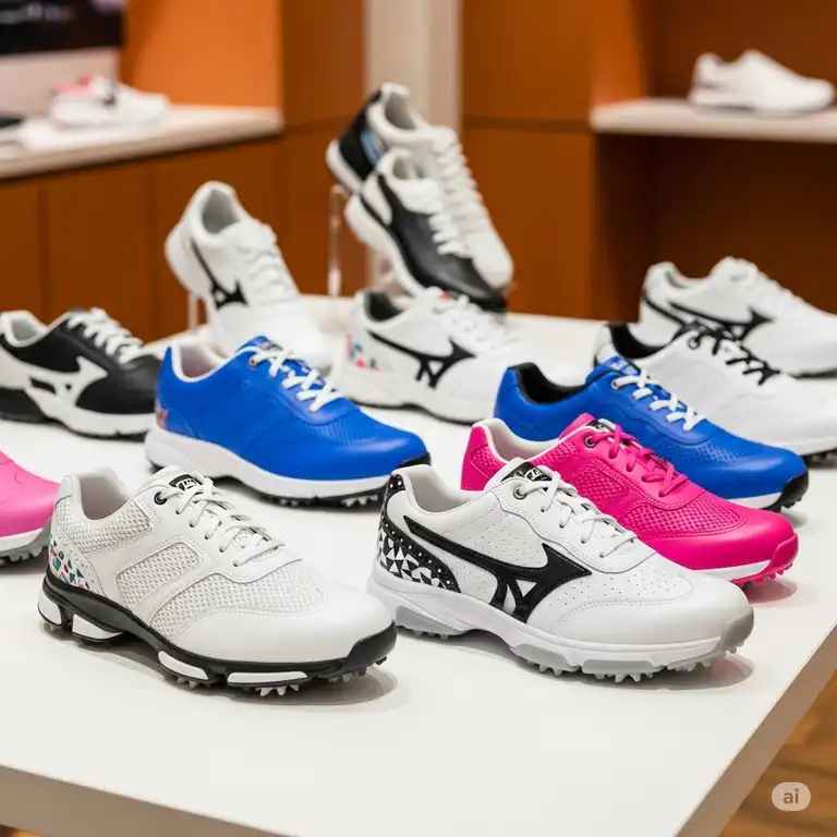 A vibrant display of various ladies golf shoes on sale, showcasing different styles and colors perfect for the course.
