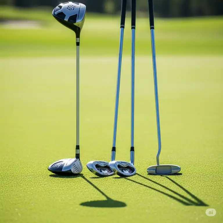 A complete set of stylish ladies lefty golf clubs, including a driver, irons, and putter, neatly arranged on a golf course with a vibrant green background, ready for a left-handed female golfer.