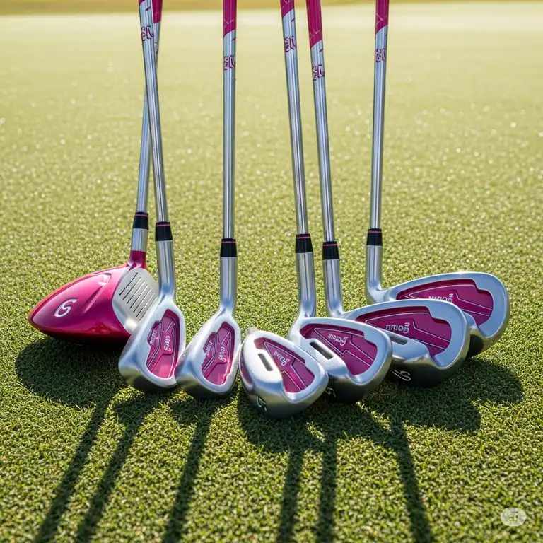 "A full set of ladies petite golf clubs, perfectly sized for shorter golfers, displayed on a green putting surface."