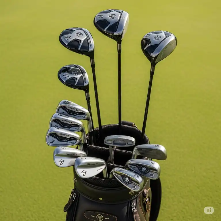 A complete set of left handed golf clubs, including a driver, woods, irons, wedges, and putter, neatly arranged in a golf bag on a green course.