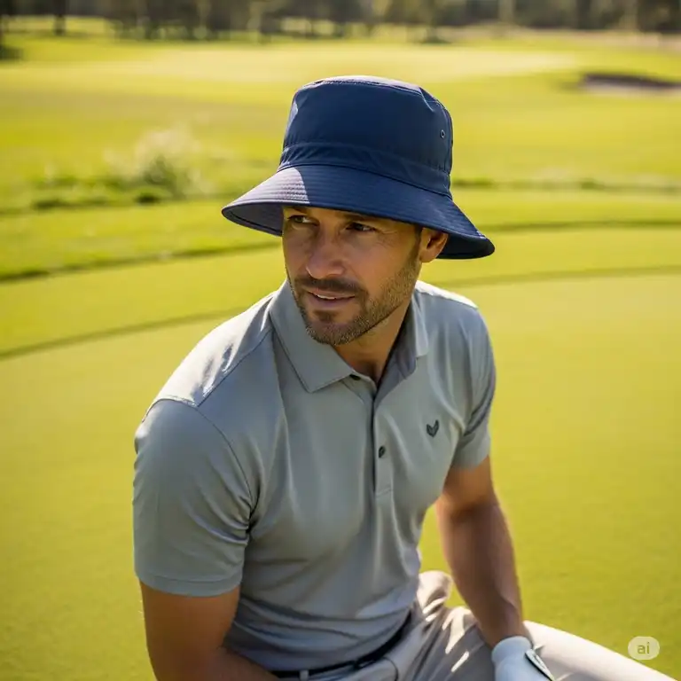 A man wearing a stylish and protective golf bucket hat mens on a sunny golf course, perfect for sun protection and a comfortable game.