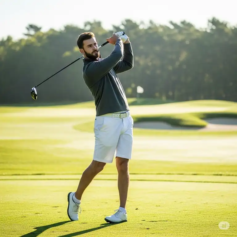 "A golfer wearing a stylish mens golf quarter zip pullover on a sunny course, mid-swing."