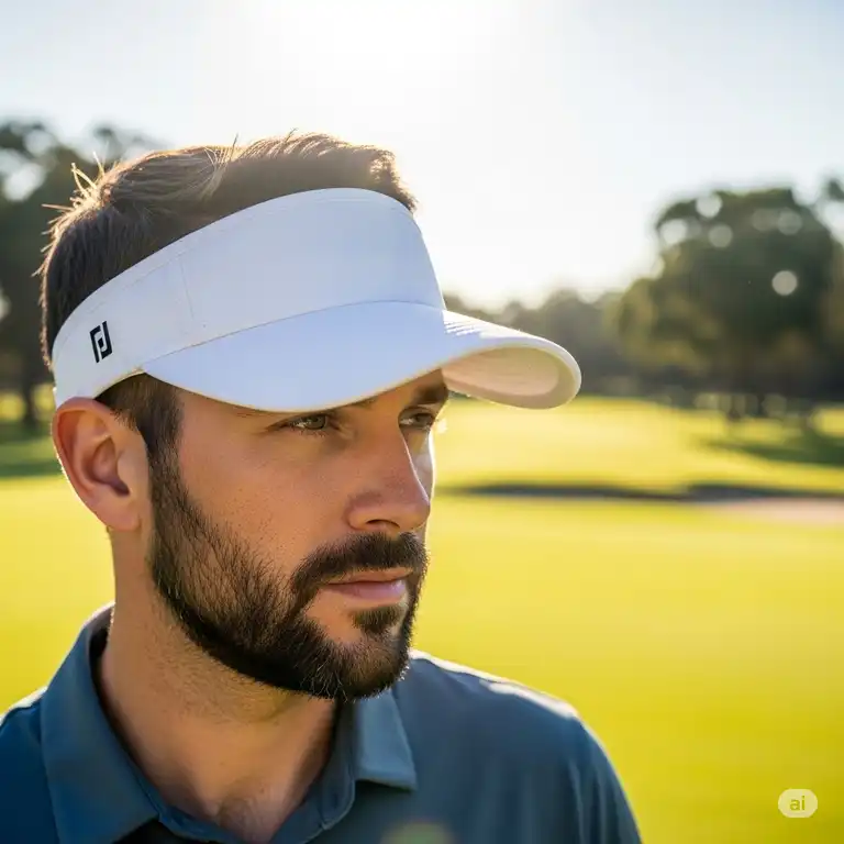 Close-up of a man wearing a stylish white mens golf visor on a sunny golf course, perfect for sun protection during a round.