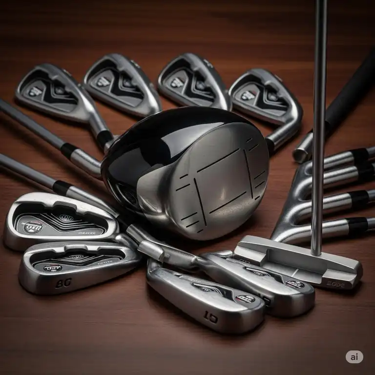 A close-up of a complete set of premium men's lefty golf clubs, showcasing the driver, irons, and putter, ready for the course.