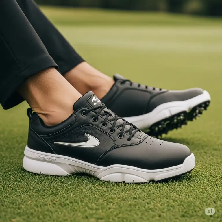 "Close-up of a man wearing comfortable, mens wide golf shoes on a green golf course, highlighting the extra room for wider feet."