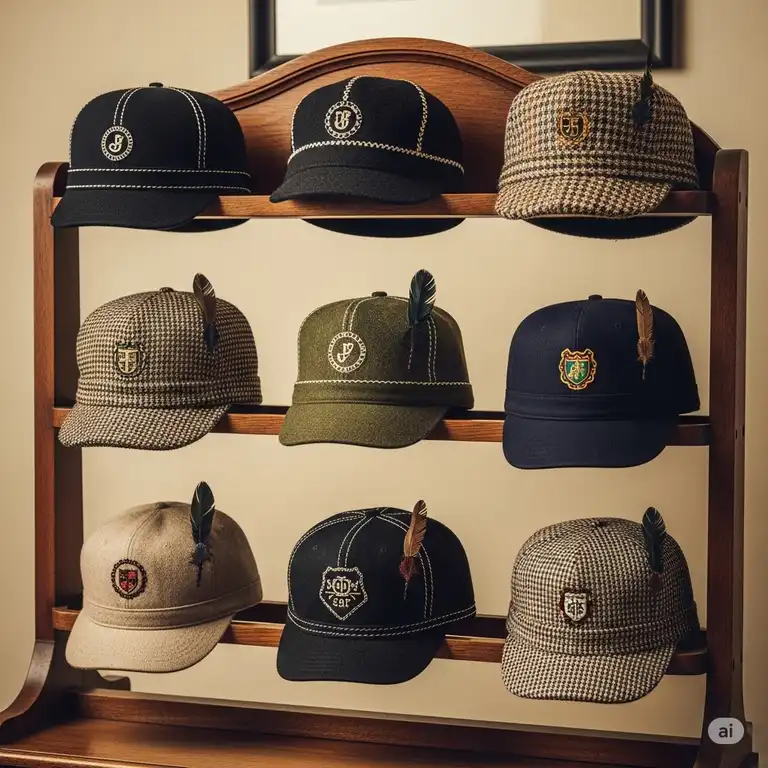 A collection of classic vintage golf hats displayed on an antique wooden rack, showcasing various styles and colors from different eras.