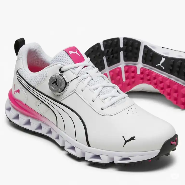 Close-up of stylish women's golf shoes puma, showcasing their comfortable design and performance features for the course.